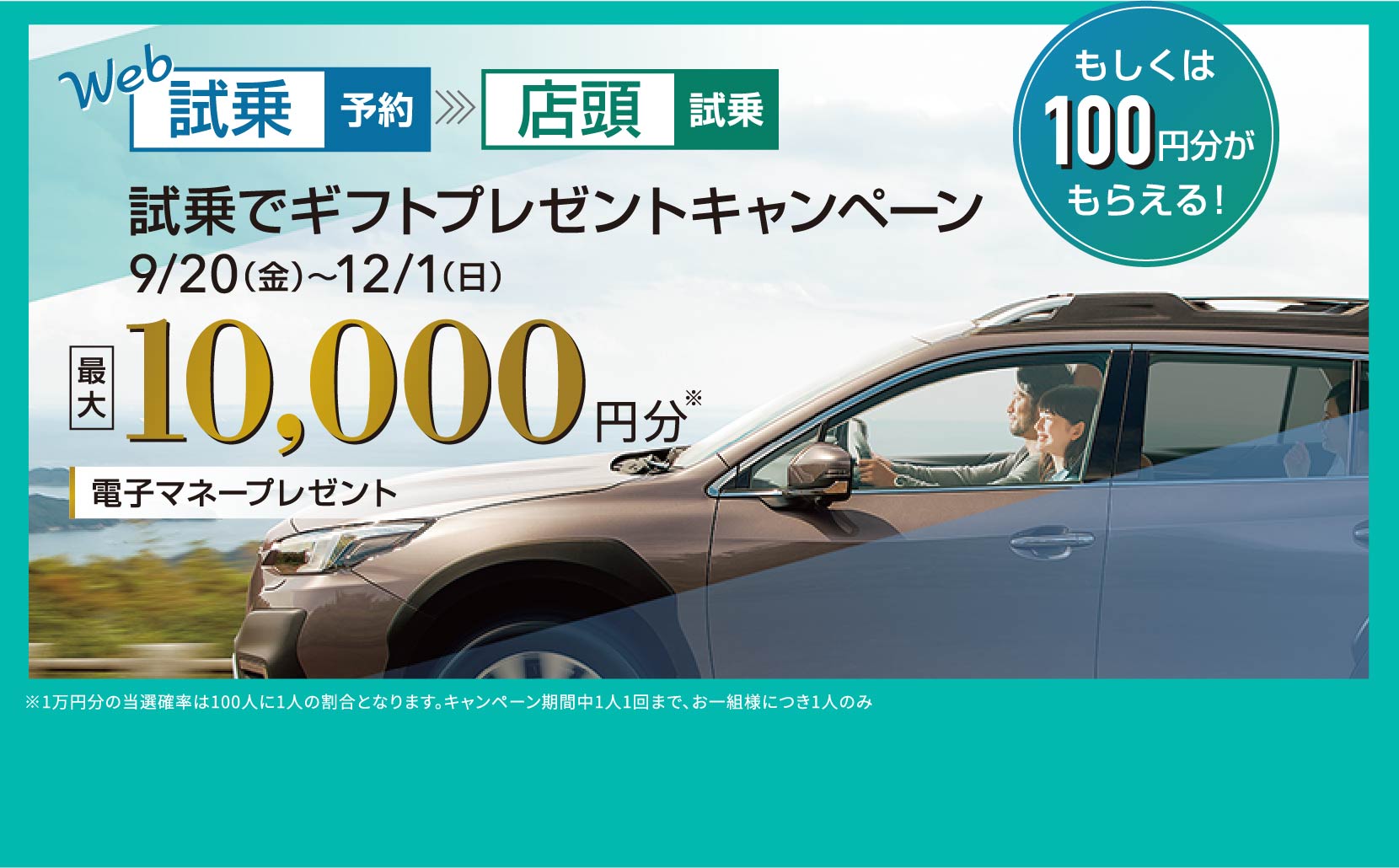 試乗でギフトプレゼントキャンペーン9/20〜12/1最大10,000円分電子マネープレゼント